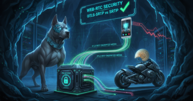 Futuristic illustration of a PBX mediating secure WebRTC-to-SIP calls, with encrypted media lines flowing between a phone and network equipment in a cyber-themed server room.