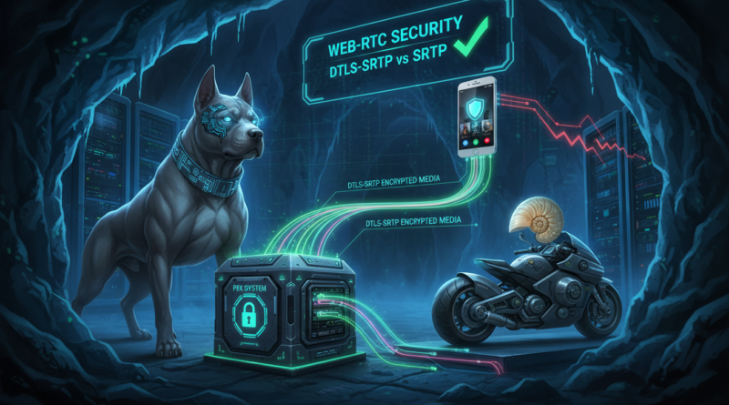 Futuristic illustration of a PBX mediating secure WebRTC-to-SIP calls, with encrypted media lines flowing between a phone and network equipment in a cyber-themed server room.