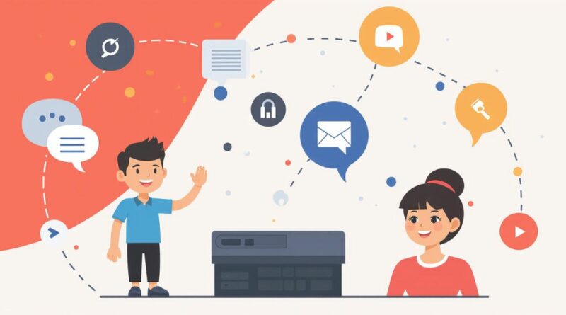 Illustration of WebRTC users connected via a PBX server, with messaging and call icons
