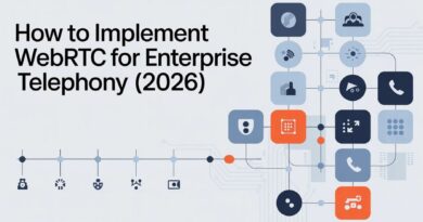WebRTC implementation guide graphic showing enterprise telephony and browser calling.