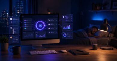 AI workflows running autonomously on a desktop computer while a business owner sleeps in the background