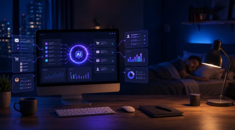 AI workflows running autonomously on a desktop computer while a business owner sleeps in the background