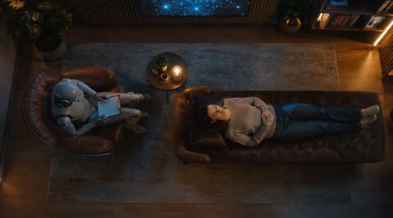 A robot therapist takes notes while a woman reclines on a couch in a warmly lit therapy room, with an AI neural network visible through the window above.