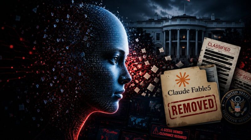 Claude Fable 5 removed — AI figure with White House backdrop, classified documents and US government seal illustrating the export ban