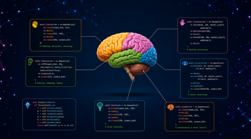 Diagram mapping human brain regions — frontal, parietal, temporal, occipital lobes, cerebellum, and brainstem — to labelled neural network code modules, illustrating the kind of internal, region-by-region mapping Anthropic's J-space research applies to Claude