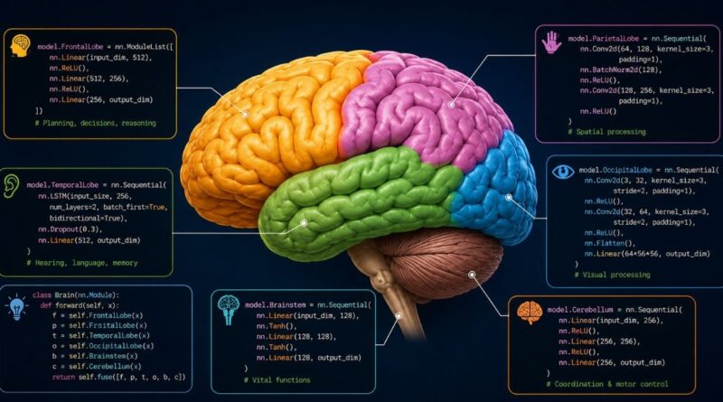 Diagram mapping human brain regions — frontal, parietal, temporal, occipital lobes, cerebellum, and brainstem — to labelled neural network code modules, illustrating the kind of internal, region-by-region mapping Anthropic's J-space research applies to Claude
