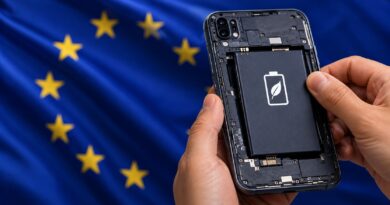 Hand removing a battery from the back of a smartphone against an EU flag backdrop, symbolising the EU's 2027 replaceable battery regulation