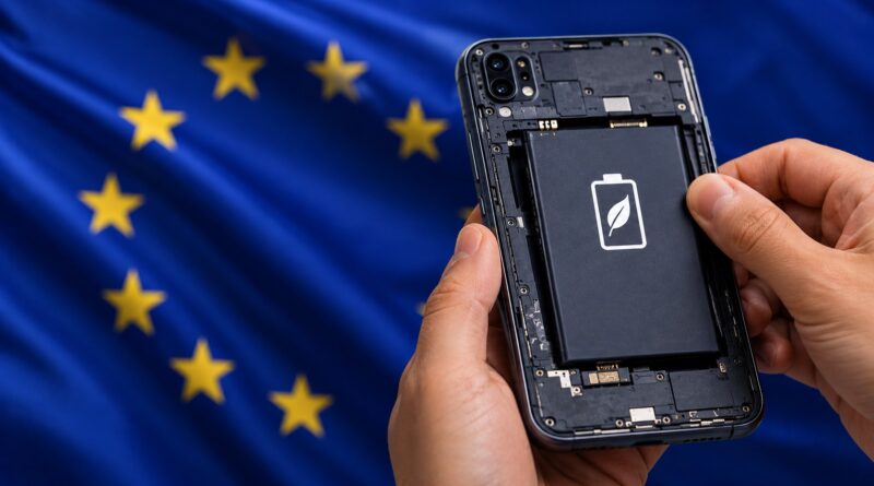 Hand removing a battery from the back of a smartphone against an EU flag backdrop, symbolising the EU's 2027 replaceable battery regulation