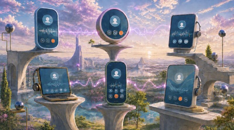 Illustration of six softphone calling interfaces on stone pedestals in a bright, sunrise-lit fantastical landscape, connected by glowing violet energy waves