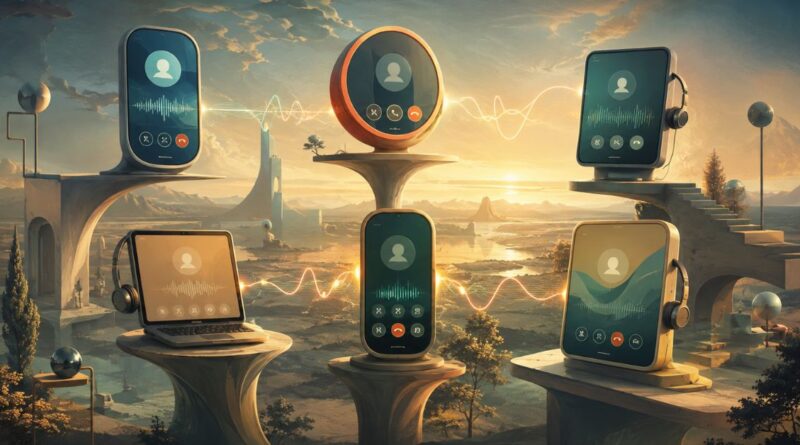 Surreal illustration of six softphone calling interfaces displayed on pedestals in a dreamlike landscape, representing a comparison of the best softphones in 2026