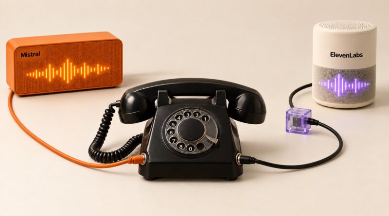 Voxtral 3 and Eleven Realtime illustrated as a Mistral speaker wired directly into a rotary telephone and an ElevenLabs speaker connected through a relay box